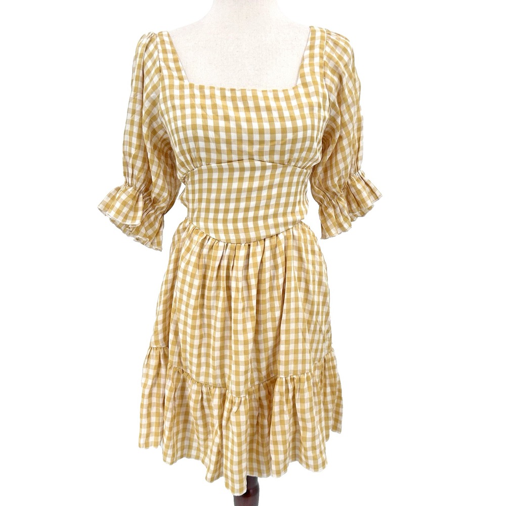 Talulah Womens‎ Gingham Check Dress Size L Yellow Open Back Cottagecore Country